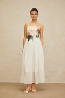 Roseline floral-embroidered shirred maxi dress in White