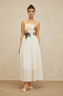 Roseline floral-embroidered shirred maxi dress in White