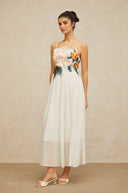 Roseline floral-embroidered shirred maxi dress in White