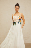 Roseline floral-embroidered shirred maxi dress in White