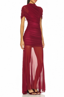 Sylvia Red Asymmetrical Ruched Mesh Maxi Dress