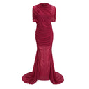 Sylvia Red Asymmetrical Ruched Mesh Maxi Dress