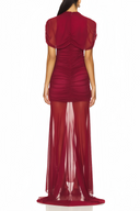 Sylvia Red Asymmetrical Ruched Mesh Maxi Dress