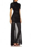 Sylvia Black Asymmetrical Ruched Mesh Maxi Dress