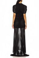 Sylvia Black Asymmetrical Ruched Mesh Maxi Dress