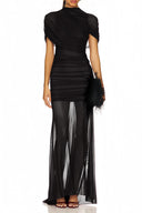 Sylvia Black Asymmetrical Ruched Mesh Maxi Dress