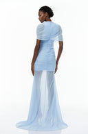 Sylvia Blue Asymmetrical Ruched Mesh Maxi Dress