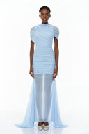 Sylvia Blue Asymmetrical Ruched Mesh Maxi Dress