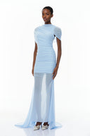 Sylvia Blue Asymmetrical Ruched Mesh Maxi Dress