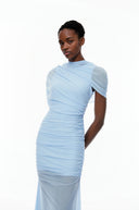Sylvia Blue Asymmetrical Ruched Mesh Maxi Dress