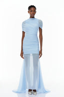 Sylvia Blue Asymmetrical Ruched Mesh Maxi Dress