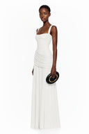 Paulene White Square Neck Ruched Maxi Dress