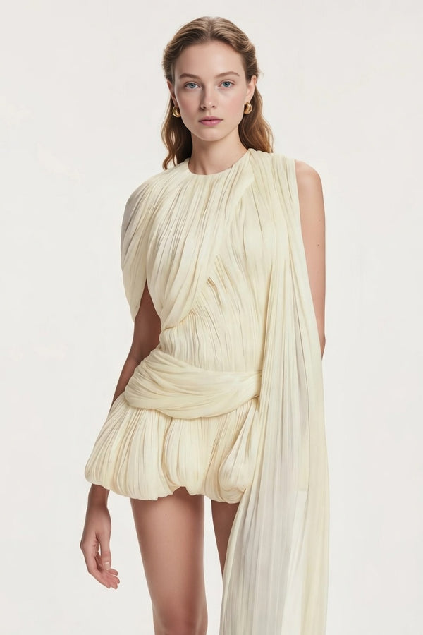 Chloe Pleated Mini Dress with One-Shoulder Drape