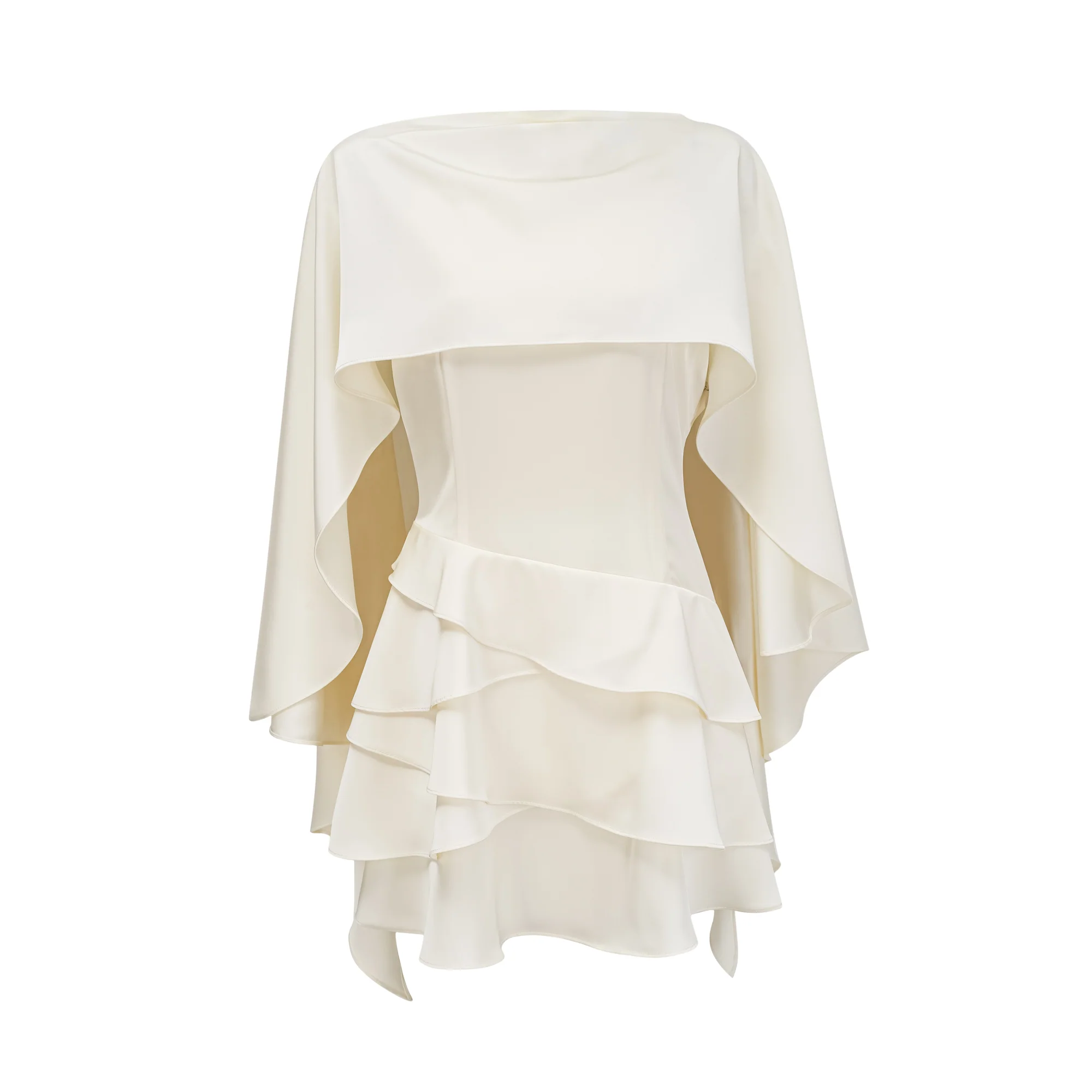 Seraphina Cream Satin Layered Mini Dress with Shawl Detail