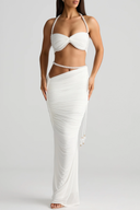 Calypso White Pearl Embellished Ruched Top & Skirt Set