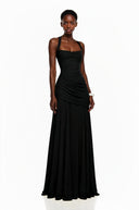 Paulene Black Square Neck Ruched Maxi Dress