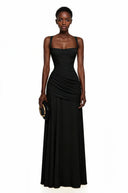 Paulene Black Square Neck Ruched Maxi Dress