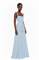 Paulene Blue Square Neck Ruched Maxi Dress