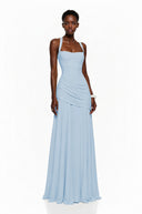 Paulene Blue Square Neck Ruched Maxi Dress