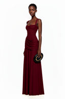 Paulene Red Square Neck Ruched Maxi Dress