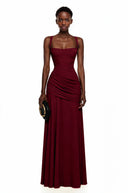 Paulene Red Square Neck Ruched Maxi Dress