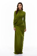 Anastasiya Green Asymmetrical Ruched Maxi Dress