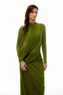 Anastasiya Green Asymmetrical Ruched Maxi Dress