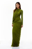 Anastasiya Green Asymmetrical Ruched Maxi Dress
