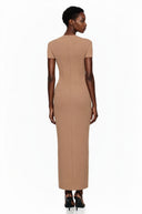 Gudrun Brown Plunge Neck Midi Dress with Self-Tie