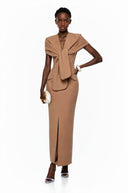Gudrun Brown Plunge Neck Midi Dress with Self-Tie