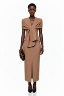Gudrun Brown Plunge Neck Midi Dress with Self-Tie