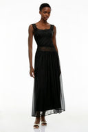 Celeste Black Pleated Maxi Dress with Lace Panels
