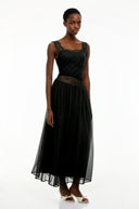 Celeste Black Pleated Maxi Dress with Lace Panels