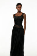 Celeste Black Pleated Maxi Dress with Lace Panels