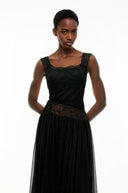 Celeste Black Pleated Maxi Dress with Lace Panels
