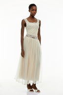 Celeste White Pleated Maxi Dress with Lace Panels