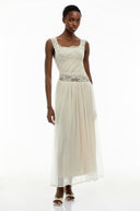 Celeste White Pleated Maxi Dress with Lace Panels