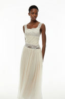 Celeste White Pleated Maxi Dress with Lace Panels