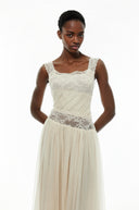 Celeste White Pleated Maxi Dress with Lace Panels