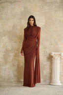 Désirée Brown Shirred-effect Draped Maxi Dress