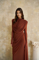 Désirée Brown Shirred-effect Draped Maxi Dress