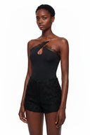 Kolette Black Lace Trim Asymmetrical Bodysuit