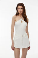 Kolette White Lace Trim Asymmetrical Bodysuit