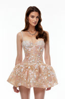 Aquilina Nude Floral Embroidered Sequin Mini Dress