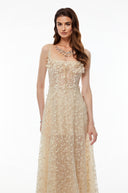 Gratiana Champagne Tulle Maxi Dress with 3D Petals