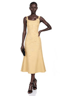 Xenia Yellow Floral Applique Fishtail Midi Dress