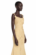 Xenia Yellow Floral Applique Fishtail Midi Dress