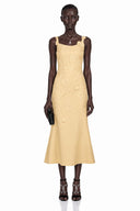 Xenia Yellow Floral Applique Fishtail Midi Dress