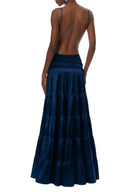 Minervina Blue Open Back Tiered Maxi Dress