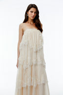 Genevieve Cream White Tiered Maxi Dress with Lace Trim